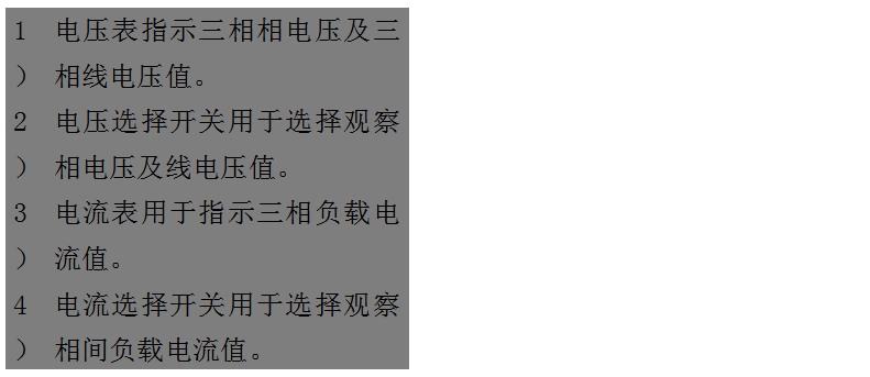 文本框: 1）	電壓表指示三相相電壓及三相線電壓值。
2）	電壓選擇開關(guān)用于選擇觀察相電壓及線電壓值。
3）	電流表用于指示三相負(fù)載電流值。
4）	電流選擇開關(guān)用于選擇觀察相間負(fù)載電流值。
5）	運行時間表用于指示柴油發(fā)電機組的累計運行時間。
6）	機油壓力表用于指示機組運行時的機油壓讀數(shù)。
7）	水溫表用于指示冷卻液溫度數(shù)值。
8）	頻率/轉(zhuǎn)速表用于指示輸出電力的頻率和機組的轉(zhuǎn)速。
9）	電池電壓表用于指示電池的充電電壓。

